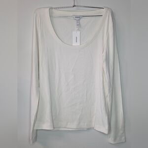 New Spanx  Beige Cream Rib Scoop Neck Long Sleeve Tee Blouse Shirt Top Sz. L